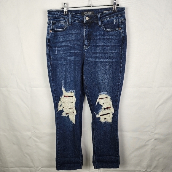 Judy Blue Distressed Boyfriend Fit Red Plaid Underlay Relaxed Holiday Size 30 - Picture 1 of 7